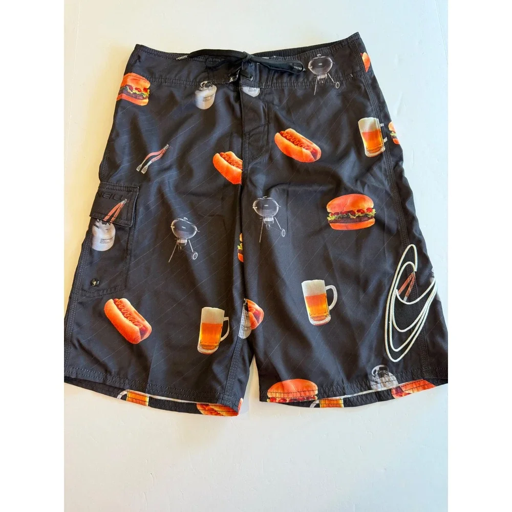 ONeill Mens BBQ Print‎ Board Shorts Black Hamburger Hot Dog Beer Trunks Size S